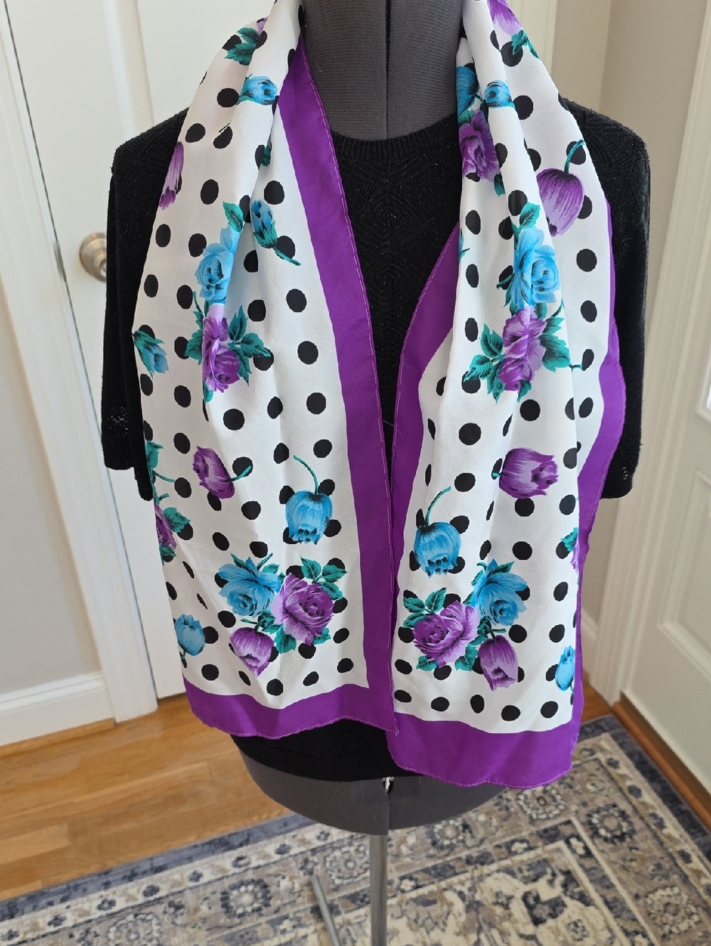 Glentex Vintage Granny Floral Polka Dot Scarf with Purple Border